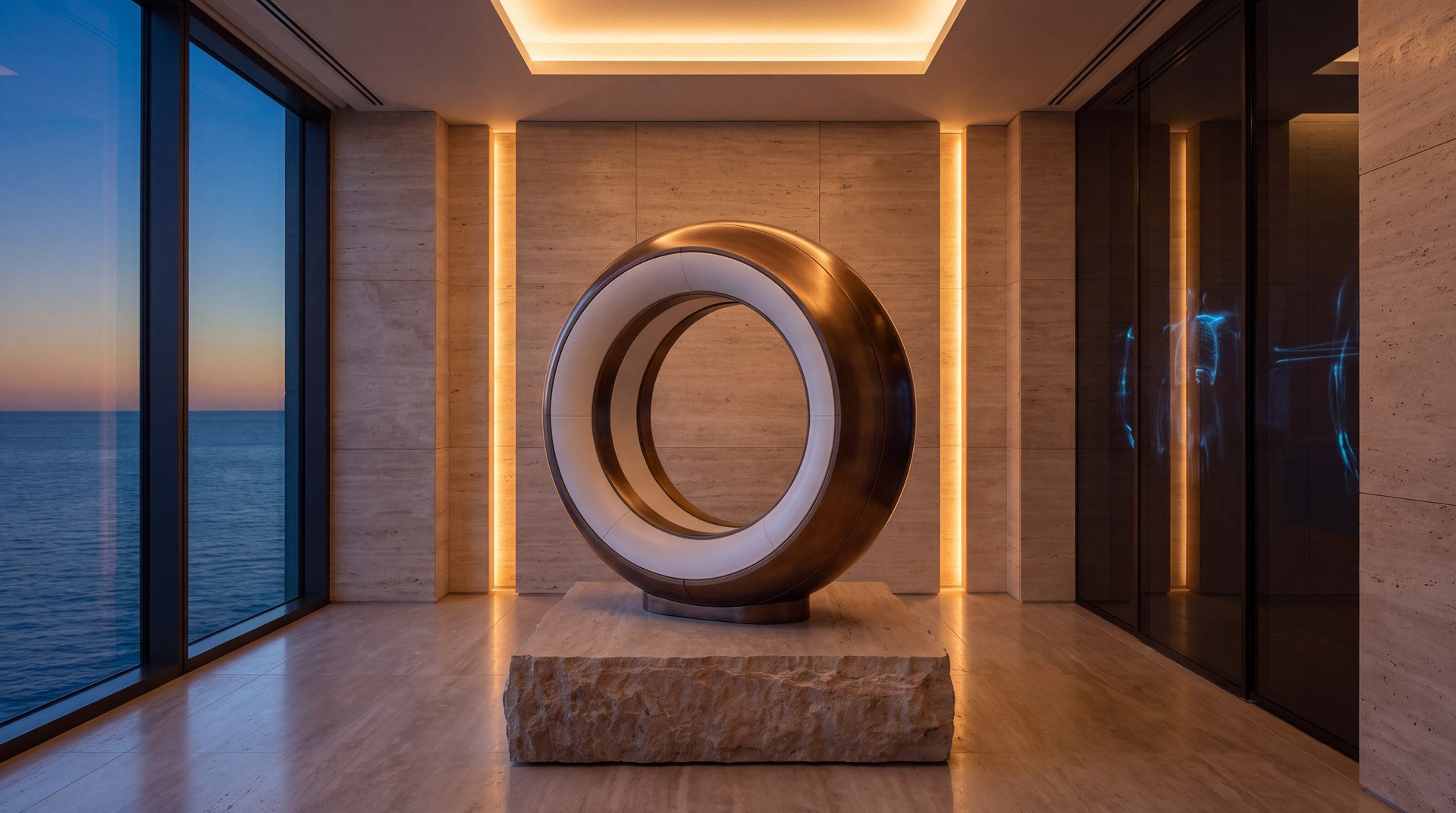 A ring-shaped scanning instrument on a stone plinth inside a travertine hall.