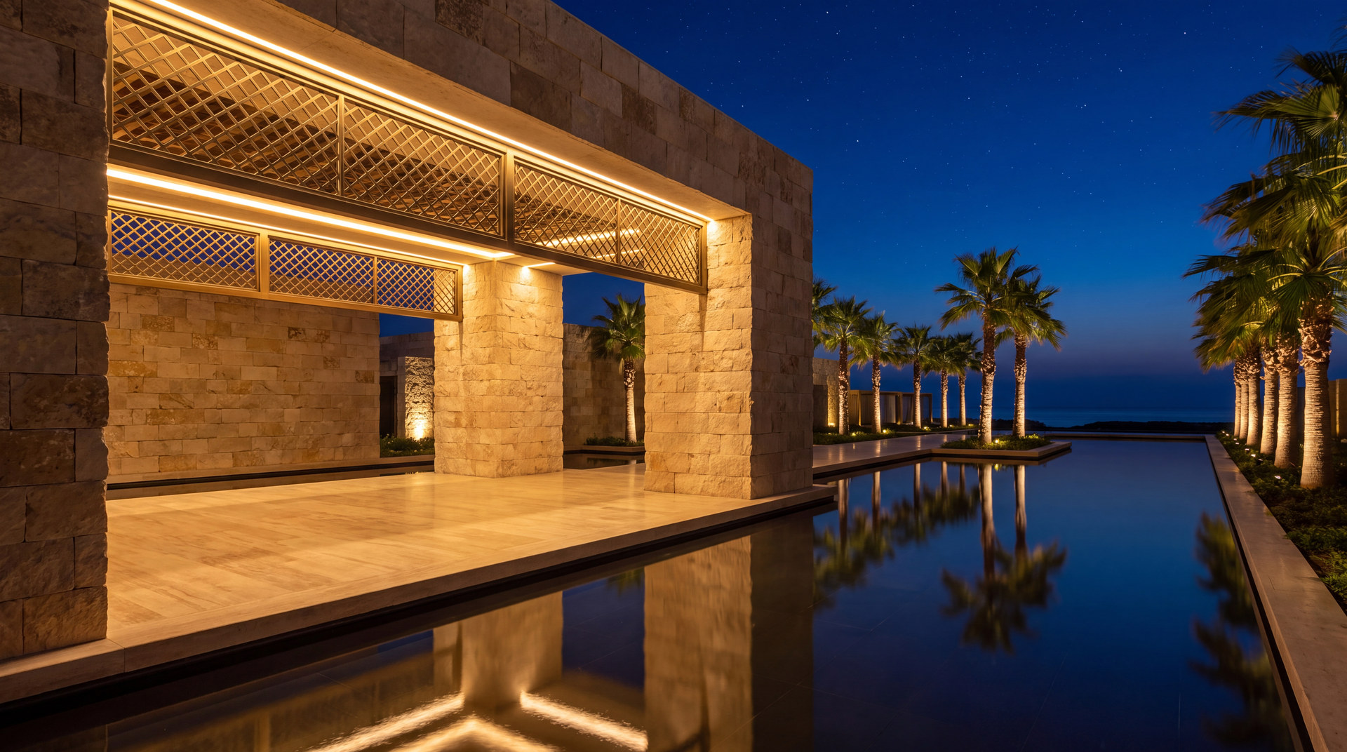 The entrance pavilion of the district at night, mirrored in a reflecting pool.