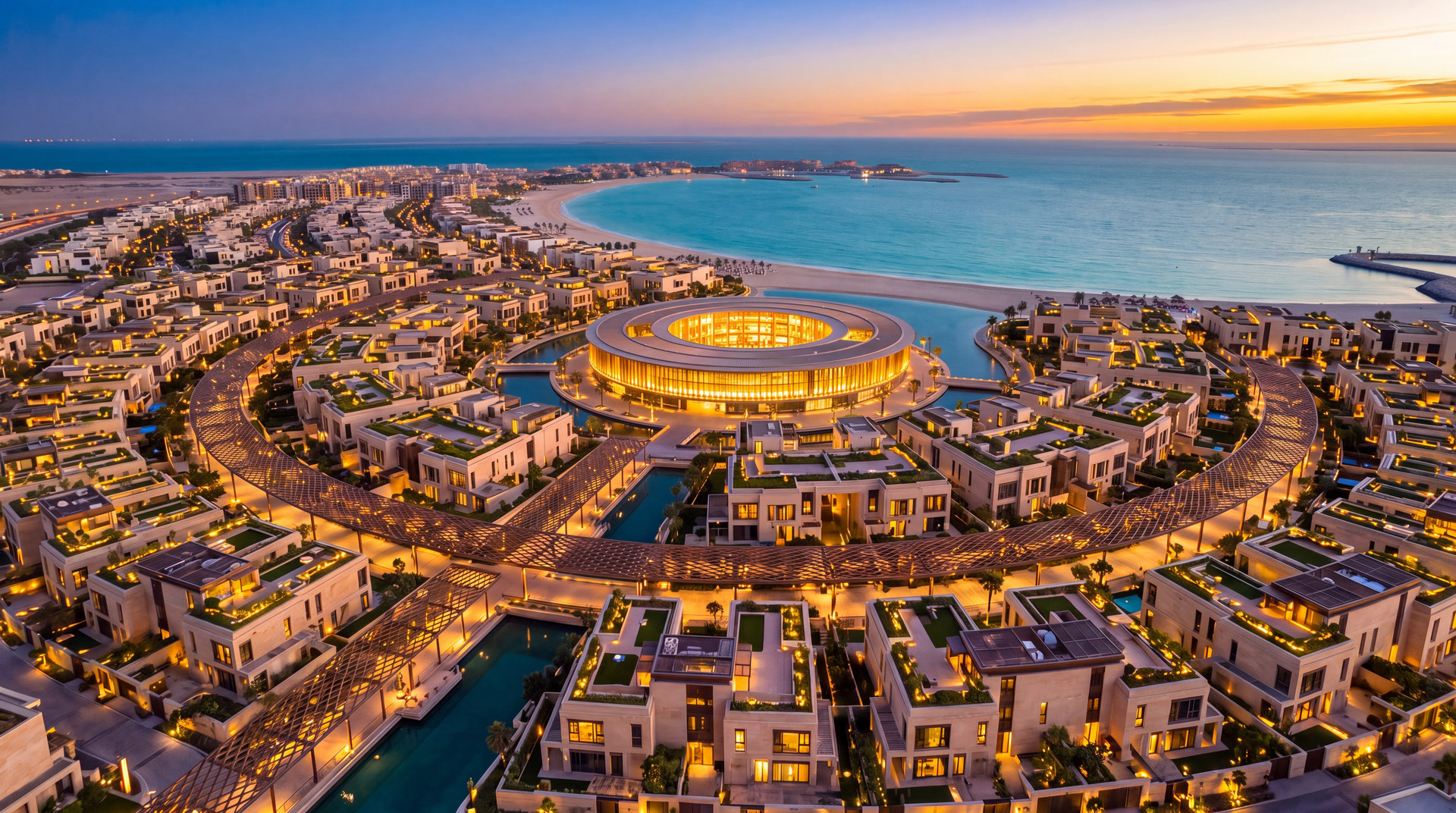 Aerial view of a coastal longevity district at blue hour.